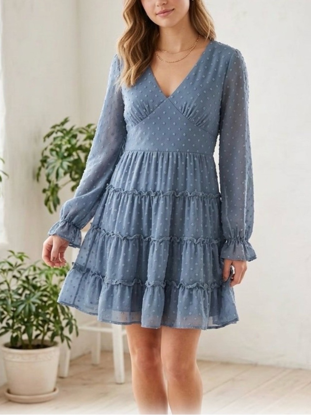 Altar'd State Blue Swiss Dot Tiered Mini Dress Size M #518